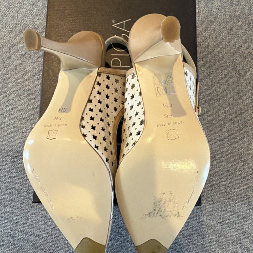Via Spiga Slingback Stiletto Heels Ivory Biscotto Leather Star Cutouts Sz 6 - Picture 2 of 4